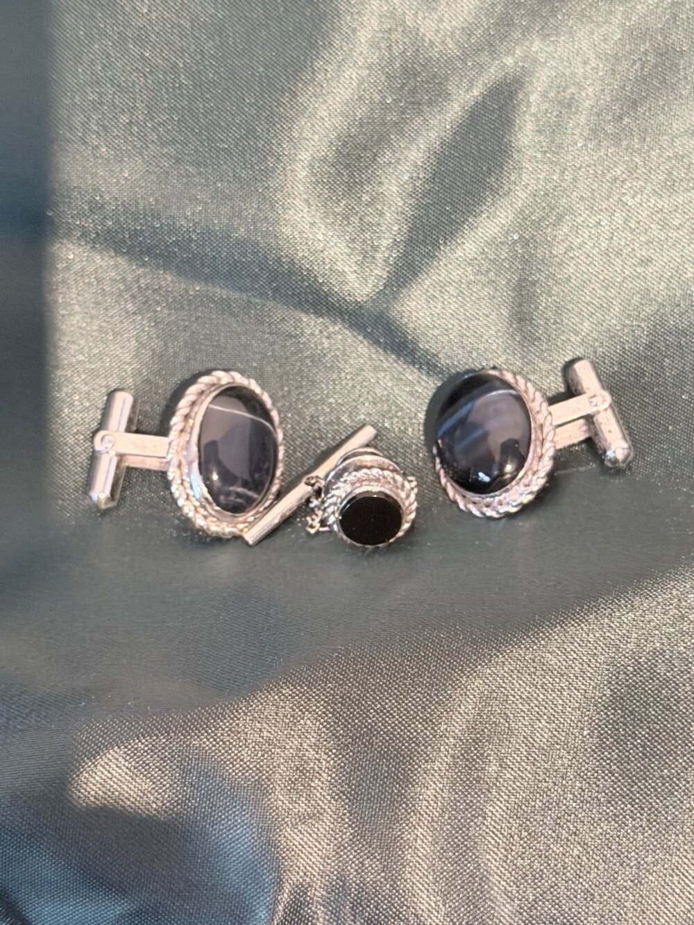 Destino Vintage Cuff Links & Tie Pin Sterling Silver with Black Onyx